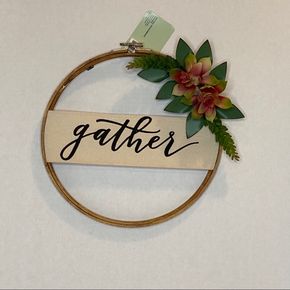 Embroidery Hoop w/ Stretched Canvas Strip Reading gather...